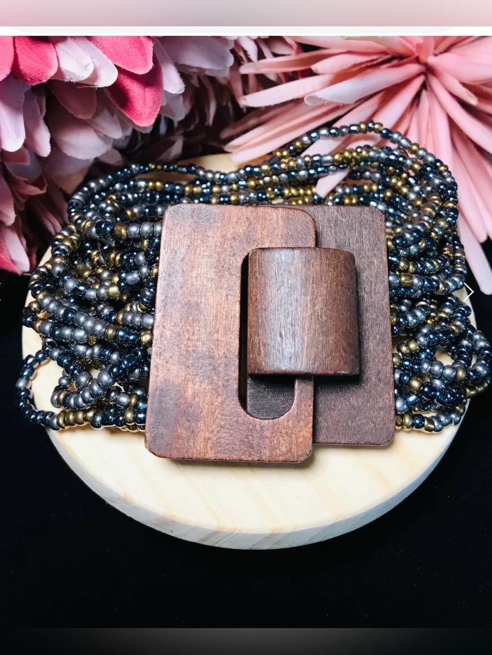 Glass Seed Bead Wood Cuff Bracelet Stretchy